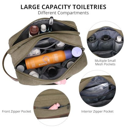 WITZMAN Canvas Toiletry Bag for Men Travel Toiletries Dopp Kit Multi-pocket - color: Army Green
