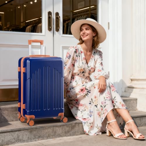 Karl home 28in Checked Luggage, Large Suitcase with Wheels, Blue & Brown - color: Navy Blue & Brown, size: 28 Inch