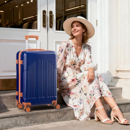 Karl home 28in Checked Luggage, Large Suitcase with Wheels, Blue & Brown - color: Navy Blue & Brown, size: 28 Inch