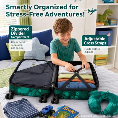 2PC Kids Luggage Set, Boys Carry on Suitcase with Skater Dinosaur Design - color: Blue Cool Dinosaur 2PCS Luggage Set