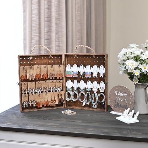 MOOCA Foldable Wooden Pegboard Jewelry Display with 48 Hooks, Brown - color: Brown