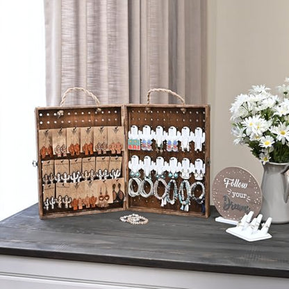 MOOCA Foldable Wooden Pegboard Jewelry Display with 48 Hooks, Brown - color: Brown
