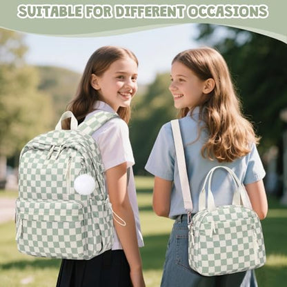 3PCS Corduroy Girls Backpack w/ Lunch Box & Pencil Bag (Green Chessboard) - color: Green Chessboard