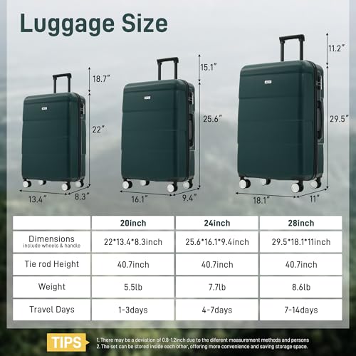 Merax Luggage Sets 3 Piece, Suitcases with Spinner Wheels,Dark Green - color: Dark Green, style: 3 Piece-20+24+28