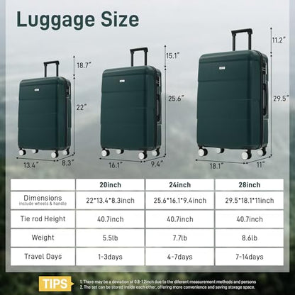 Merax Luggage Sets 3 Piece, Suitcases with Spinner Wheels,Dark Green - color: Dark Green, style: 3 Piece-20+24+28
