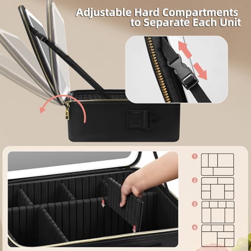 15''X11'' Large Makeup Bag with Removable Lighted Mirror, PU Leather - color: Black-Removable Mirror
