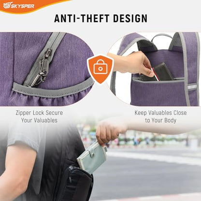SKYSPER Anti Theft Hiking Backpack, 18L RFID Packable Travel Daypack, Lightweight Foldable Back Pack for Walking Daytrip - color: Purple, size: Small