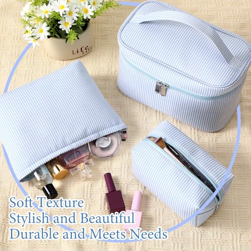 Huhumy 3Pieces Cute Seersucker Makeup Bag Set for Women, Light Blue, Stripe - color: Light Blue, style: Stripe
