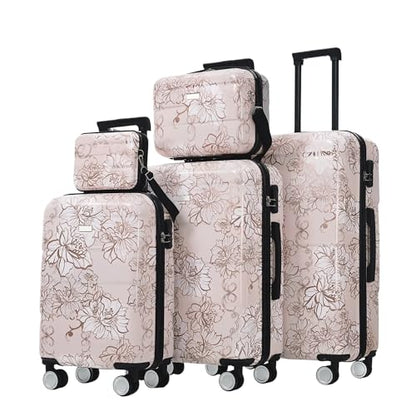 Luggage Sets 5-Piece PC Hardside, Spinner Wheels & 3-Digit Lock - color: Pink Flower