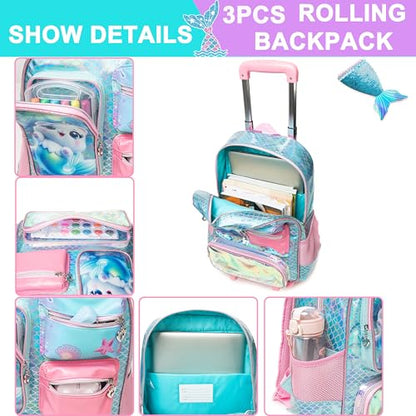 Meetbelify Girls Rolling Backpack with Wheels Kids Wheels Backpack for Girls - color: Cat Mermaid