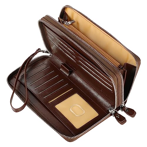 Lavemi Women's 100% Leather Double Zipper Large Capacity RFID Blocking Phone Holder Clutch Travel Purse with Wristlet Strap(Double Zipper Coffee) - color: 2-waxed Coffee, size: One Size