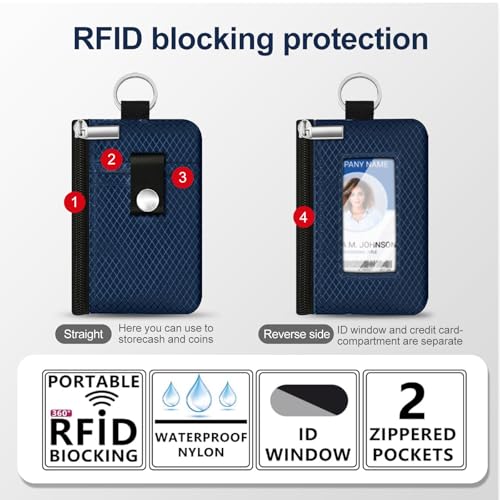 Minimalist RFID Blocking Small Wallet with ID Window,WaterResistant Zip Id Case Wallet with Lanyard Keychain for Cards,Cash,Travel,Women,Men (Dark blue) - color: Dark blue