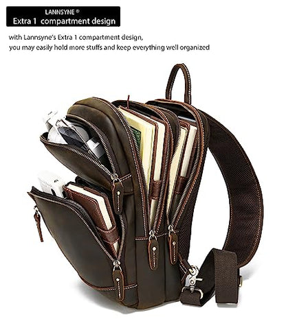 LANNSYNE Full Grain Leather Sling Bag For Men, Crossbody Bag fits 12.9" iPad Crossbody Chest Daypack - color: Brown