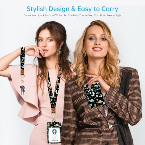 2-in-1 ID Badge Holder & Lanyard Wallet，Cute Zippered Pouch Cute Dinosaur - color: Cute Dinosaur