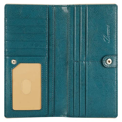 Lavemi Ultra Slim Thin Leather Women Wallet RFID Blocking Credit Card Holder Bifold Long Ladies Billfold - color: 1-waxed Peacock Blue