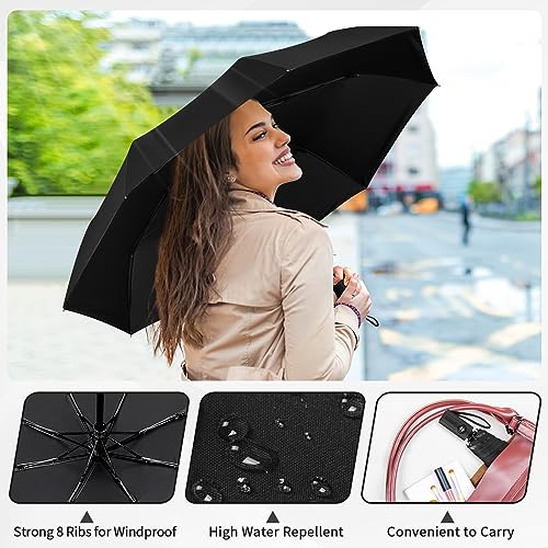 Yoobure Windproof Automatic Travel Umbrella, Compact Folding UV Sun & Rain | One-touch auto open close, windproof frame withstands storms, UV protection fabric, lightweight for backpack car daily use - color: Black