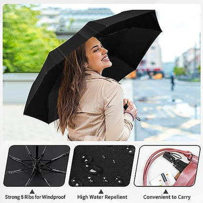 Yoobure Windproof Automatic Travel Umbrella, Compact Folding UV Sun & Rain | One-touch auto open close, windproof frame withstands storms, UV protection fabric, lightweight for backpack car daily use - color: Black