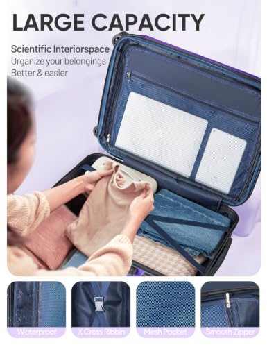Expandable Checked Luggage Suitcase with Wheels - color: Midnight Violet, size: M(24 In)