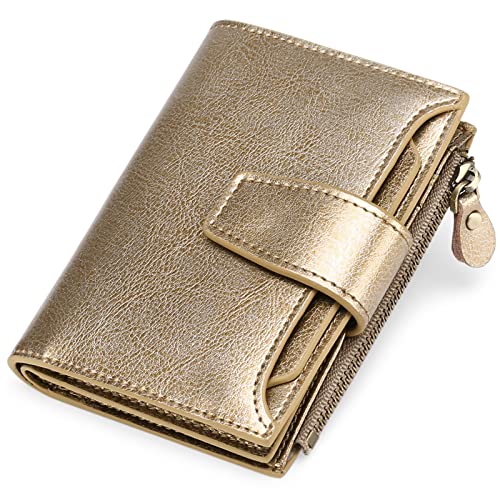 FALAN MULE Small Wallet Women RFID Blocking Leather Bifold Compact Card Holder Wallet with Zipper Coin Pocket - color: Bronze