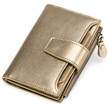 FALAN MULE Small Wallet Women RFID Blocking Leather Bifold Compact Card Holder Wallet with Zipper Coin Pocket - color: Bronze