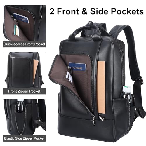 TIDING Genuine Leather 15.6 Inch Laptop Backpack for Work College, Black