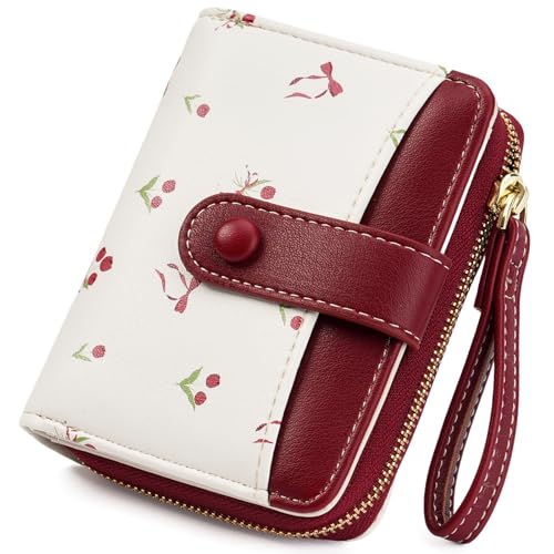 GAEKEAO Small Wallet for Women Vegan Leather Bifold Card Holder RFID Blocking Ladies Purse Floral Pattern with Zipper Pocket - color: Y01-Wine Red