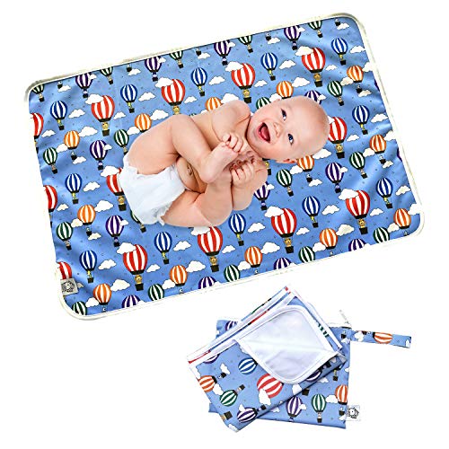Flockthree Waterproof Baby Changing Pad with Storage Bag (28.7" X 19.7") Washable Wipeable Reusable Leak Proof Diaper Travel Mat Station Changing Mattress Liner Cribs Bed Cover, Flying Animals - color: Hot Air Balloon, size: Small (28.7 x 19.7 Inch)
