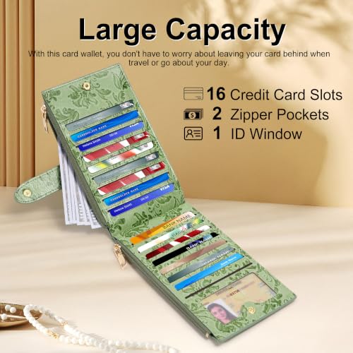 Travelambo 여성용 가죽 바이폴드 지갑, 슬림 RFID 차단 카드 홀더, 녹색 꽃., 클래식 - color: 녹색 꽃.