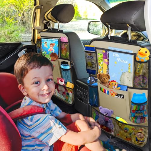 Backseat Car Organizer w/ 10 Storage Pockets 11" Tablet Holder, 2 PCS Beige - color: Beige