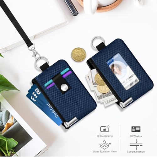 Minimalist RFID Blocking Small Wallet with ID Window,WaterResistant Zip Id Case Wallet with Lanyard Keychain for Cards,Cash,Travel,Women,Men (Dark blue) - color: Dark blue