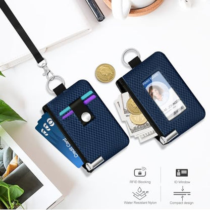Minimalist RFID Blocking Small Wallet with ID Window,WaterResistant Zip Id Case Wallet with Lanyard Keychain for Cards,Cash,Travel,Women,Men (Dark blue) - color: Dark blue