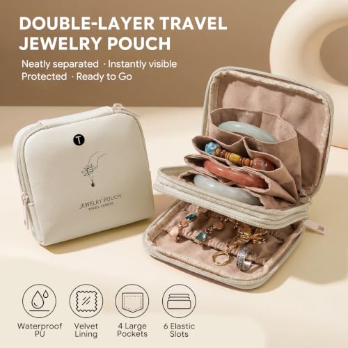 Double-Layer Travel Jewelry Pouch for Bangle, Necklaces, Rings (Beige) - color: Beige