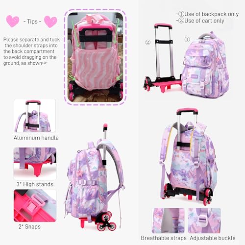 Kids Rolling Backpack for Girls School Bag with Wheels, 6-Wheel Pink - color: 6 Wheels Pink