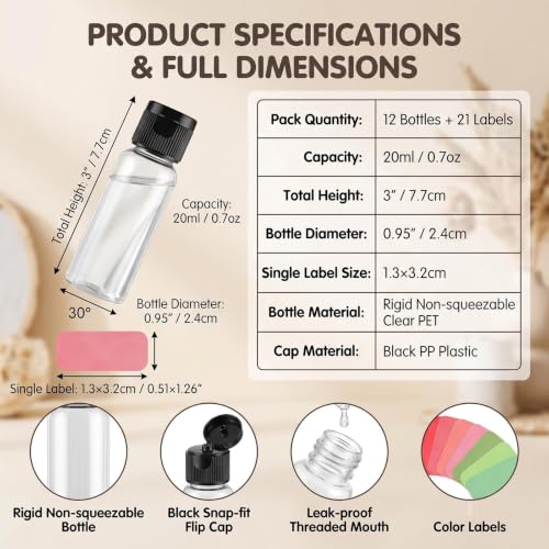 12Pcs 20ml Clear Plastic Flip Cap Toiletry Bottles with Stickers - color: B, size: 20ML/0.7oz