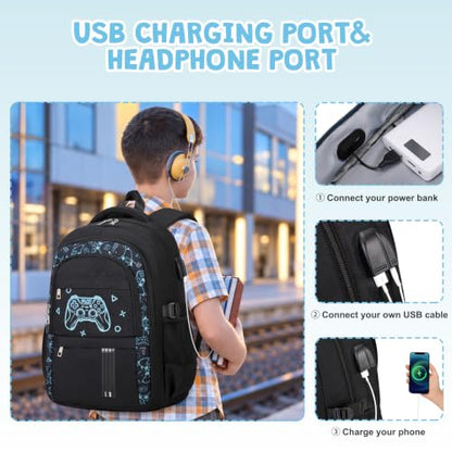 ACESAK Gmaer Backpack for Boys - Boy Backpack Schoolbag with Lunch Bag Set - color: Black Game Console