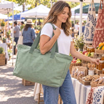 Extra Large Canvas Tote Bag - color: 03-zipper-pocket-green