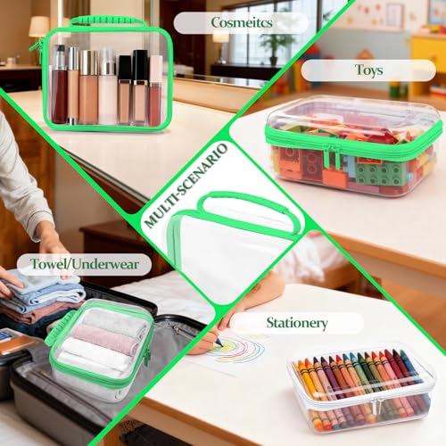 3 PCS Clear Zipper Pouches with Handle, Diaper Bag Organizer, Clear Makeup Bags Hardshell Toy Storage Bins with Zipper Toiletry Pouch Bag for Cosmetics Pencils Puzzles, Building Blocks(Green) - color: Green-3pc