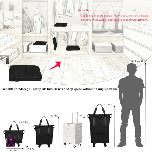Travel Rolling Duffel Bag with Removable Wheels,Expandable Foldable Carry-On Luggage for Trip or Hospitalization - color: Black Backpack