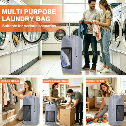 Laundry Backpack Portable Travel Laundry Bags with Straps and Mesh Pocket - color: Gray, size: 1 Pack