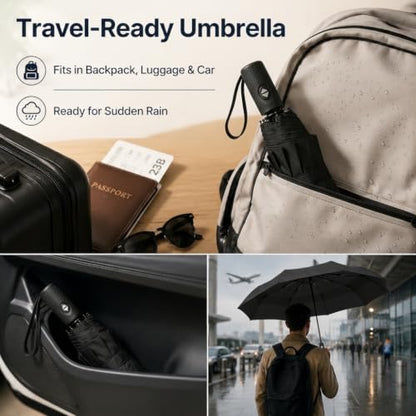 Windproof Travel Umbrella Premium Auto Folding Umbrella for Rain and Sun - color: black