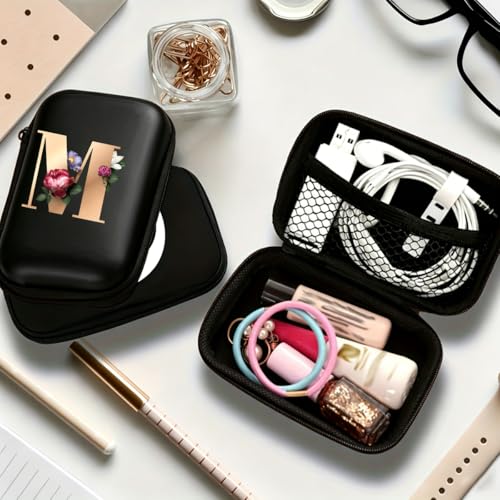 Letter And Flower Print Hard Shell Electronics Organizer, Shockproof Carrying Case for Cables, Earphones, Chargers, Ideal Gift for Travel & Daily Use，4.33 * 3.14 * 1.57 inch/SNB03-M