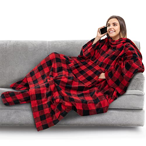 PAVILIA Fleece Blanket with Sleeves Foot Pockets for Women Men, Checker Red - color: Checkered Red, size: Fleece