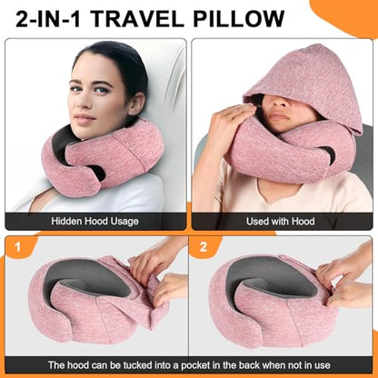 Travel Pillow - Hooded Neck Pillow Airplane Memory Foam Filling - color: Red