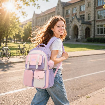 Backpack for Girls, School Backpacks for Teen Girls with Lunch Box - color: Purple Pink