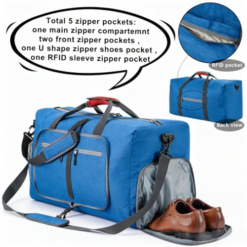 Travel Duffle Bag, Lightweight Checked Luggage with Shoe Compartment, Water-Resistant Weekender Overnight Bag for Women - color: K Light Blue