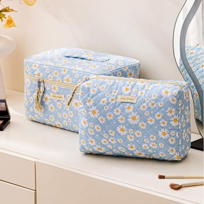 HBselect Quilted Makeup Bag, 3Pcs Cotton Large Travel Makeup Bags Organizer - color: A-3PCS-Daisy