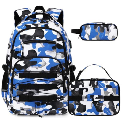 ACESAK 3PCS Camo Backpack for Boys with Lunch Box Pencil Case - color: Blue White