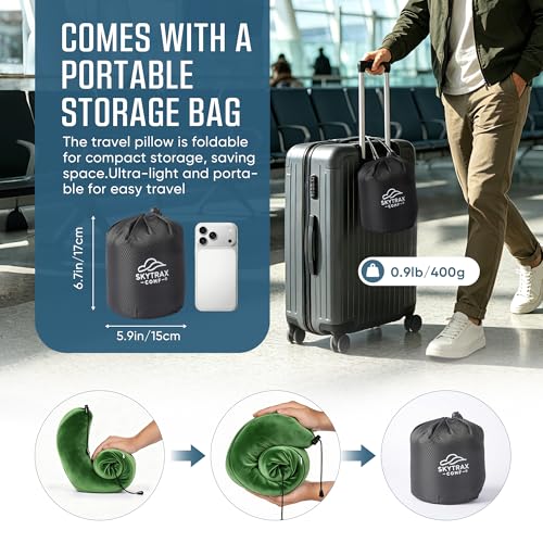 SkytraxComf® Travel Neck Pillow with Hood for Privacy on Long Flights - color: Olive