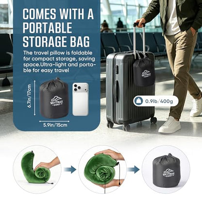 SkytraxComf® Travel Neck Pillow with Hood for Privacy on Long Flights - color: Olive
