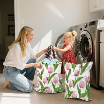 Travel Laundry Bags 2 PC Wet Dry Bag with Handle Dirty Clothes Organizer for Swimsuits Beach Camping Waterproof Washable Pink Tulips - color: Pink Tulips